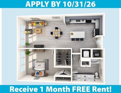 Floor plan for 1 bed, 1 bath, 967 sqft